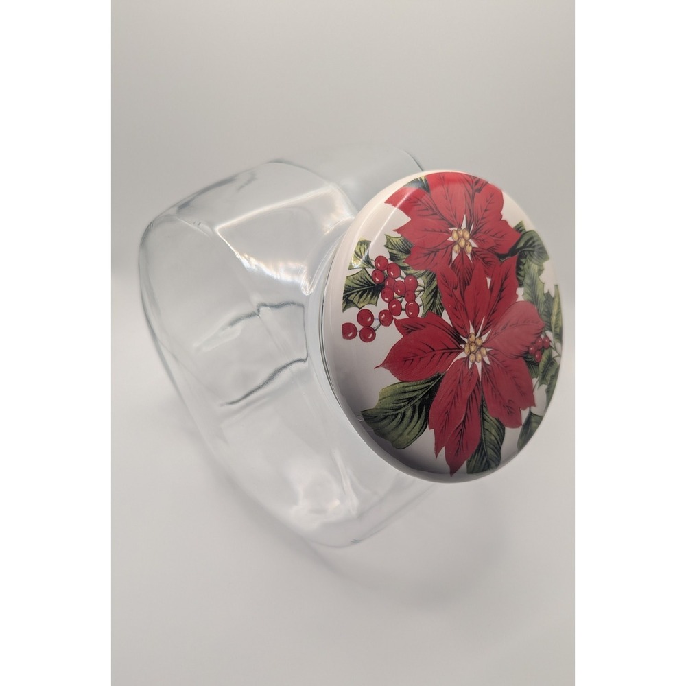 Vtg Clear Glass Cookie Jar Ceramic Poinsettia Lid Christmas Holiday Container